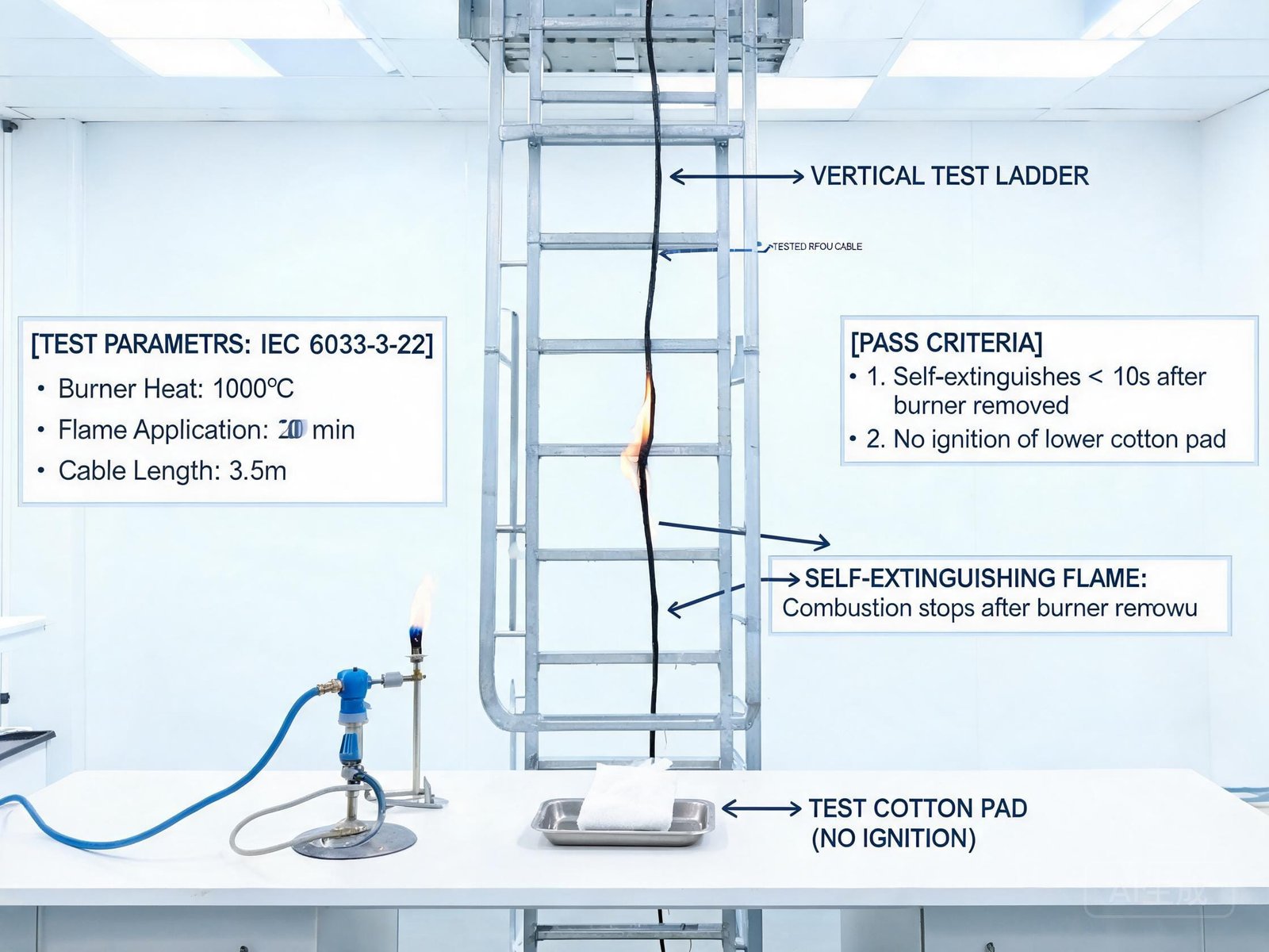 RFOU cable IEC 60332-3-22 flame retardancy test showing cable self-extinguishing after flame removal