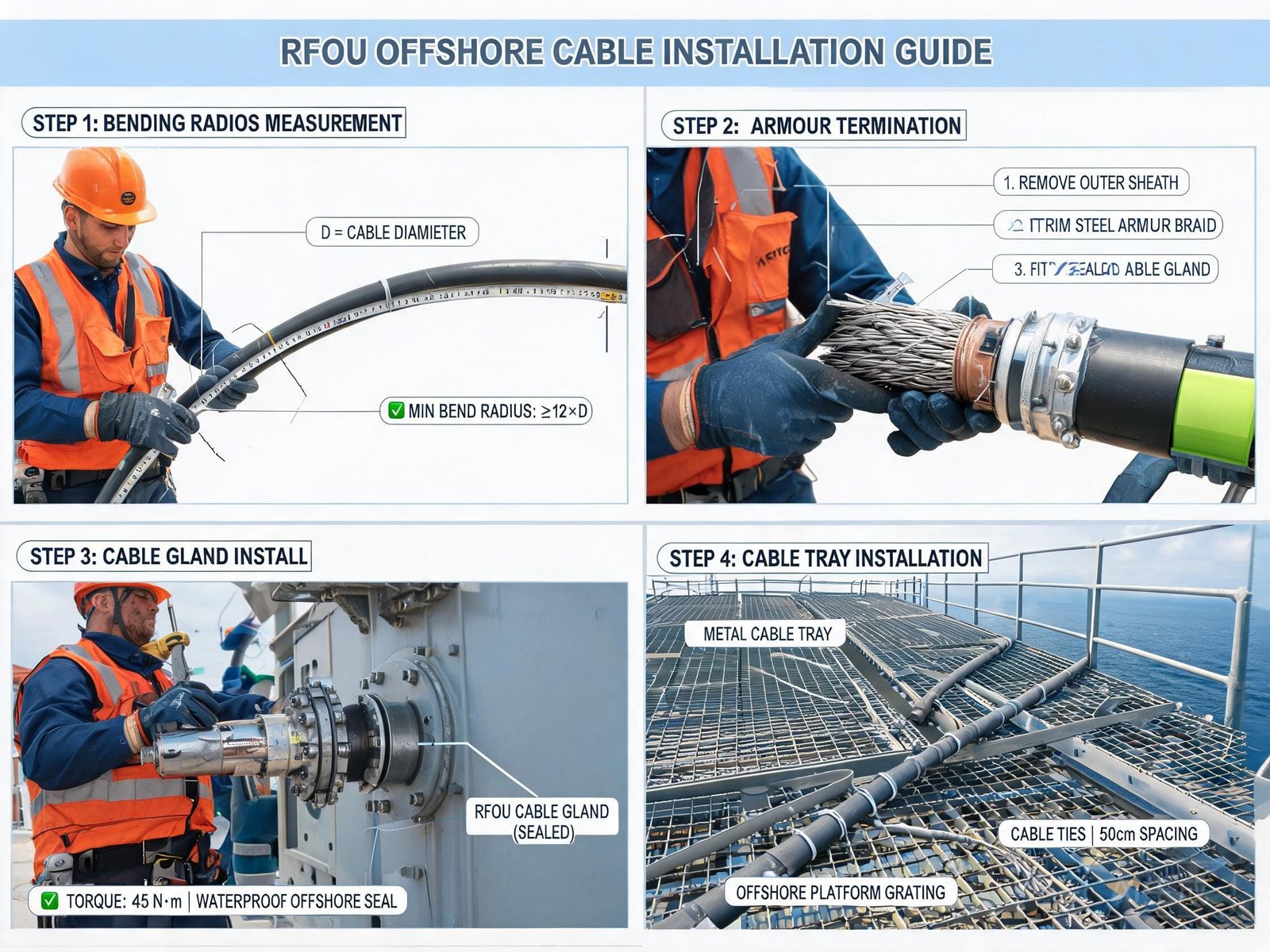 RFOU cable installation guide showing cable gland termination bending radius and cable tray installation on offshore platform