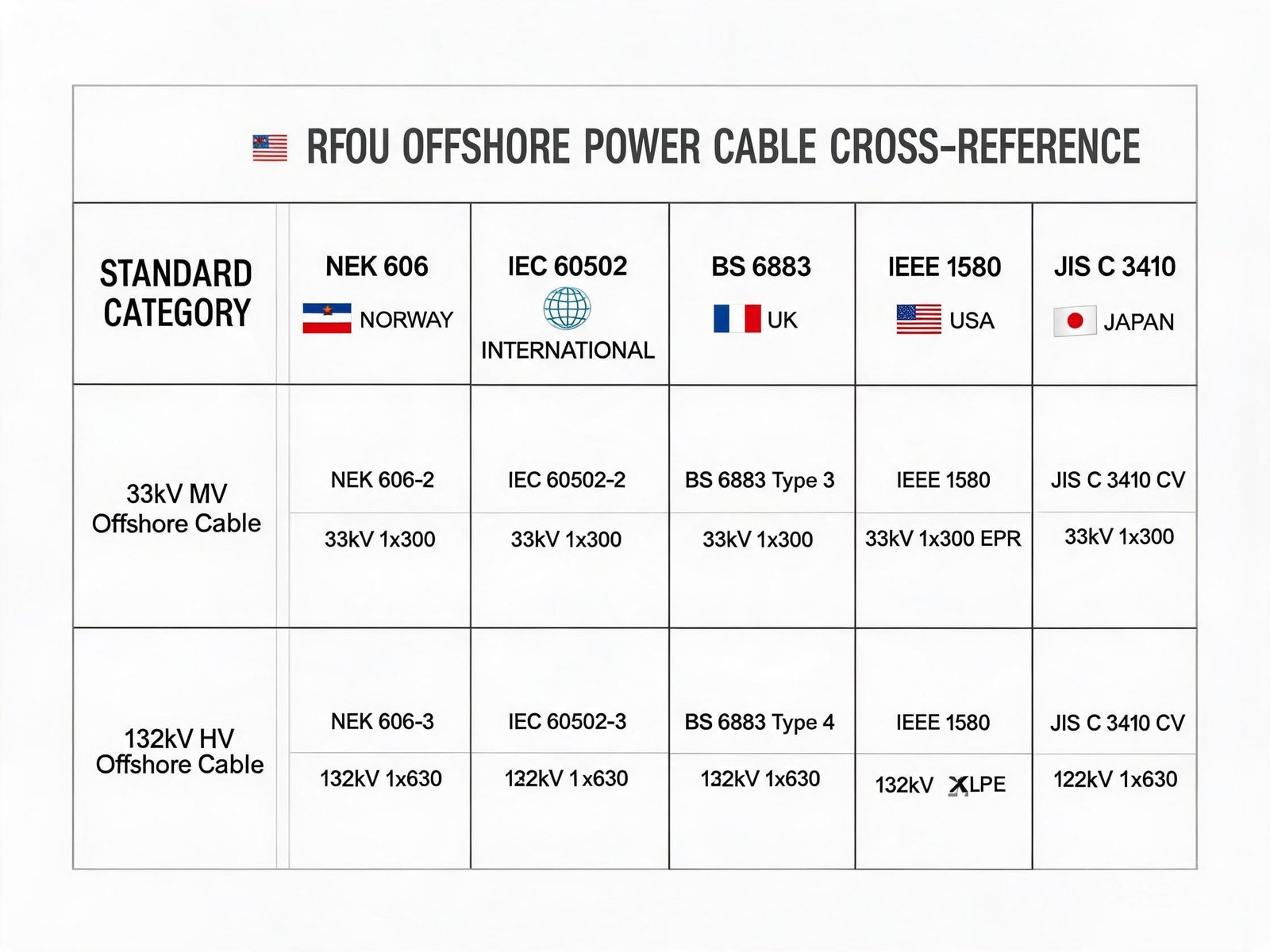RFOU cable international equivalent cross-reference table for NEK IEC BS IEEE and JIS offshore cable standards