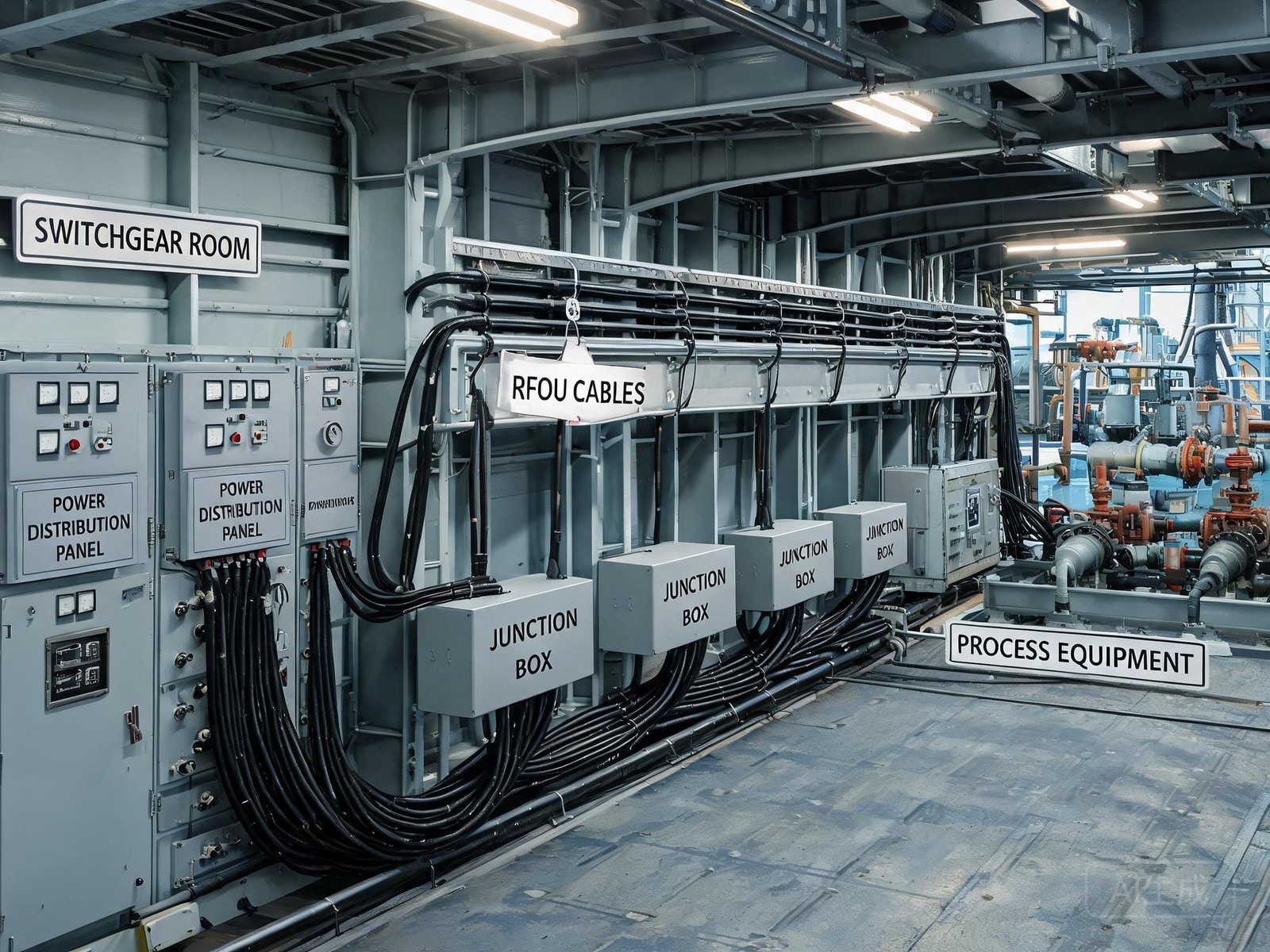 RFOU cable offshore platform power distribution from switchgear to process equipment on oil rig