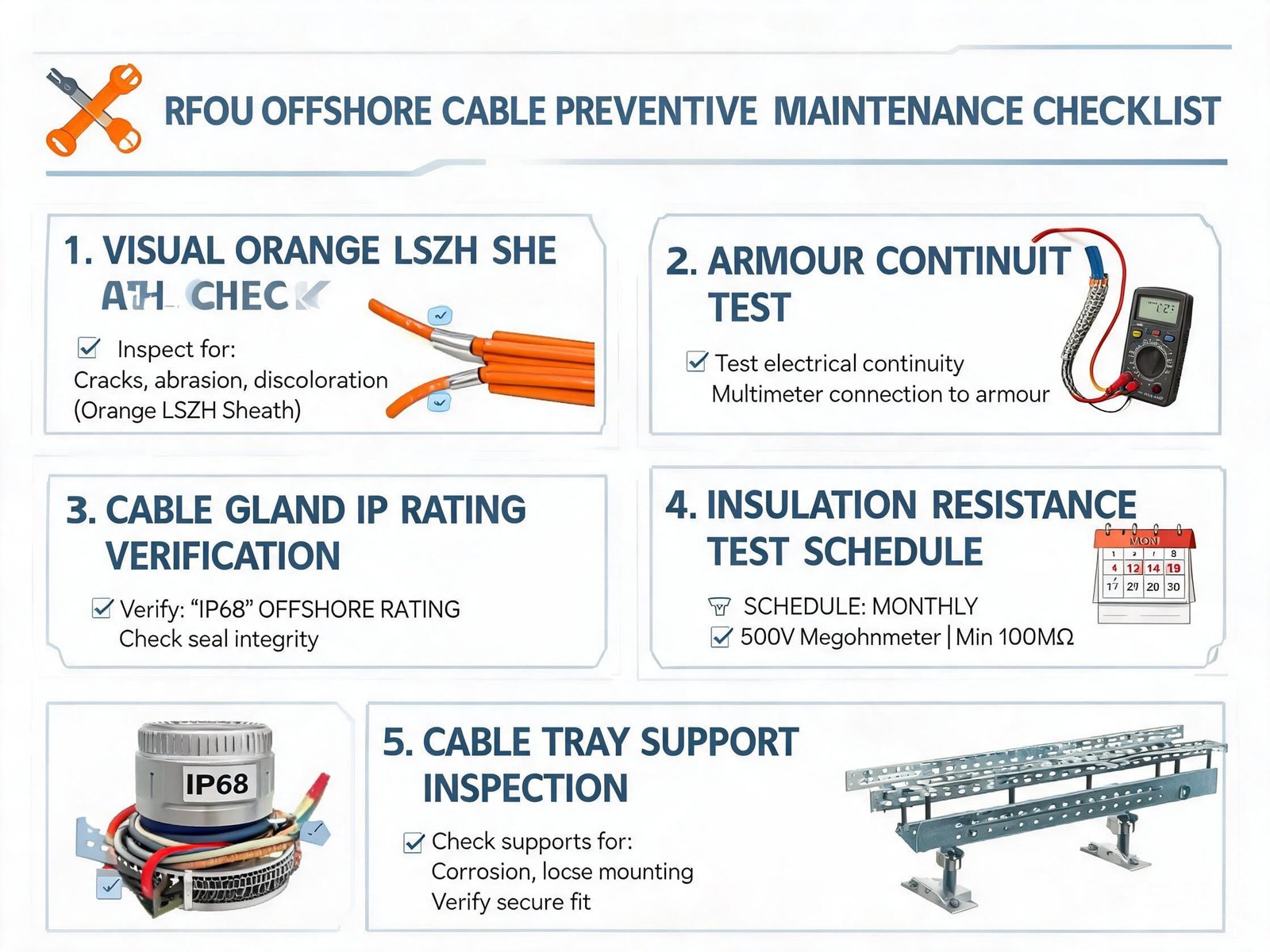 RFOU cable preventive maintenance checklist with offshore inspection points and testing schedule
