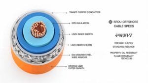RFOU offshore power cable specifications and technical datasheet showing construction cross-section with EPR insulation and steel wire armour