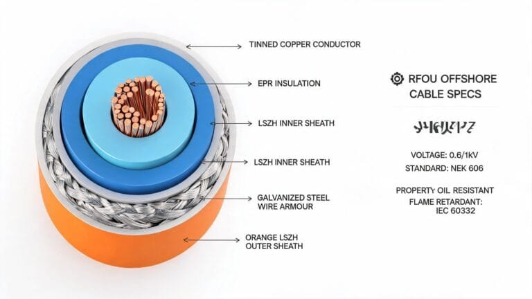 RFOU offshore power cable specifications and technical datasheet showing construction cross-section with EPR insulation and steel wire armour