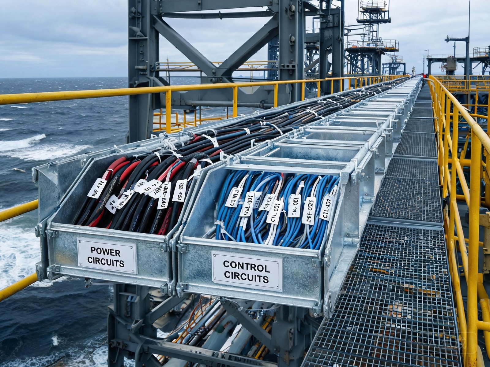 RFOU cable tray installation on offshore platform showing multiple power cable runs and cable identification tags