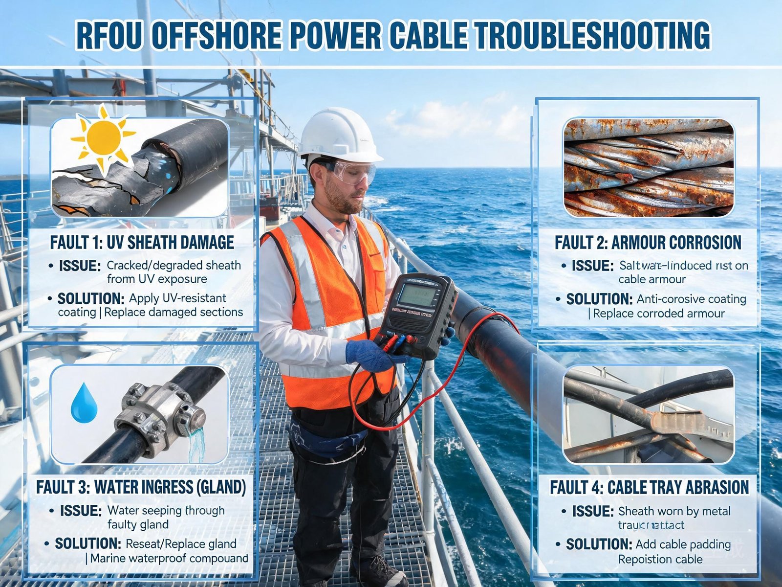 RFOU cable troubleshooting guide showing insulation resistance testing and common offshore cable failure diagnosis