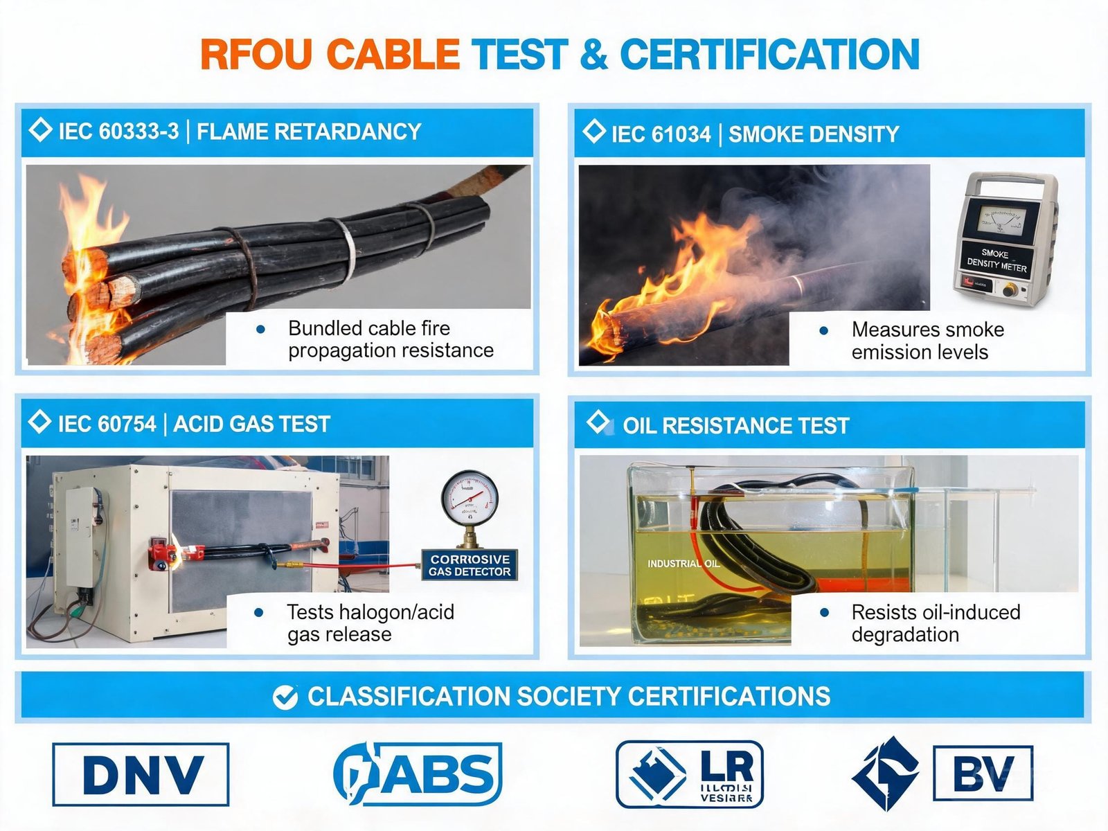 RFOU cable type test and certification overview showing IEC 60332 flame test and DNV ABS LR BV classification approvals