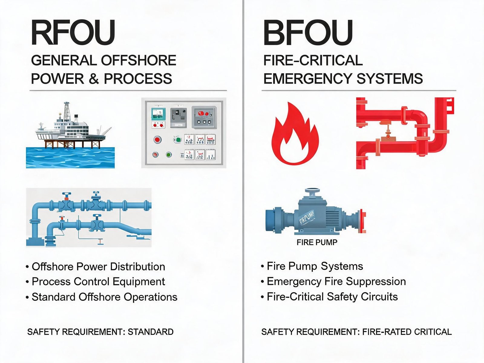 RFOU vs BFOU cable application comparison for general offshore power and fire-critical emergency systems