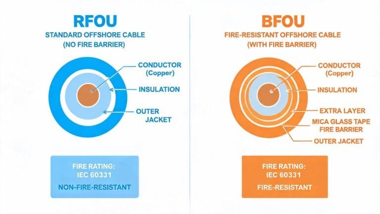 RFOU vs BFOU offshore cable comparison showing standard power cable vs fire resistant cable construction differences