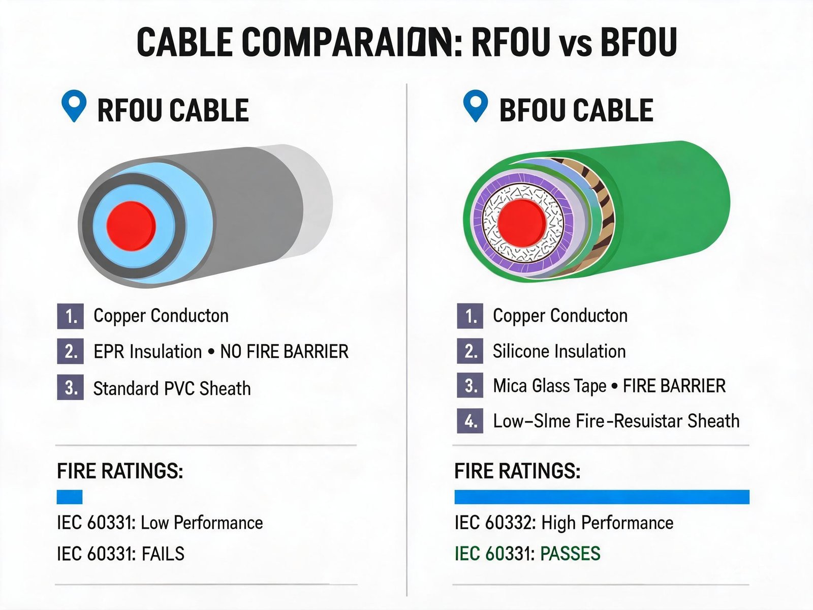 RFOU vs BFOU cable material comparison showing fire barrier and insulation differences
