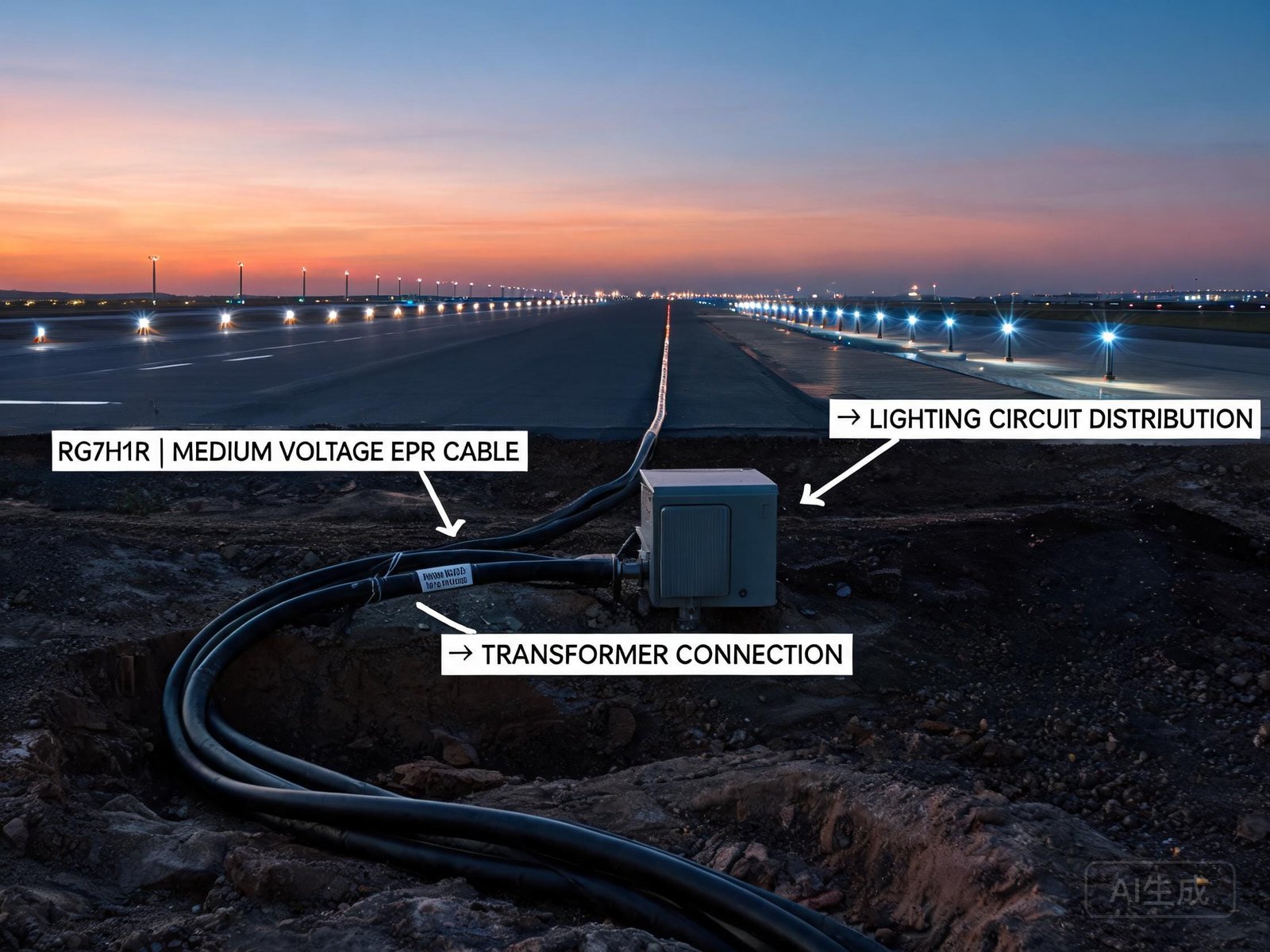 RG7H1R cable airport runway lighting application showing medium voltage EPR primary series lighting cable buried alongside runway