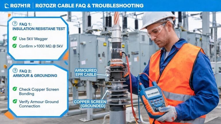 RG7H1R RG7OZR cable FAQ and troubleshooting guide showing MV cable inspection and insulation resistance testing at substation
