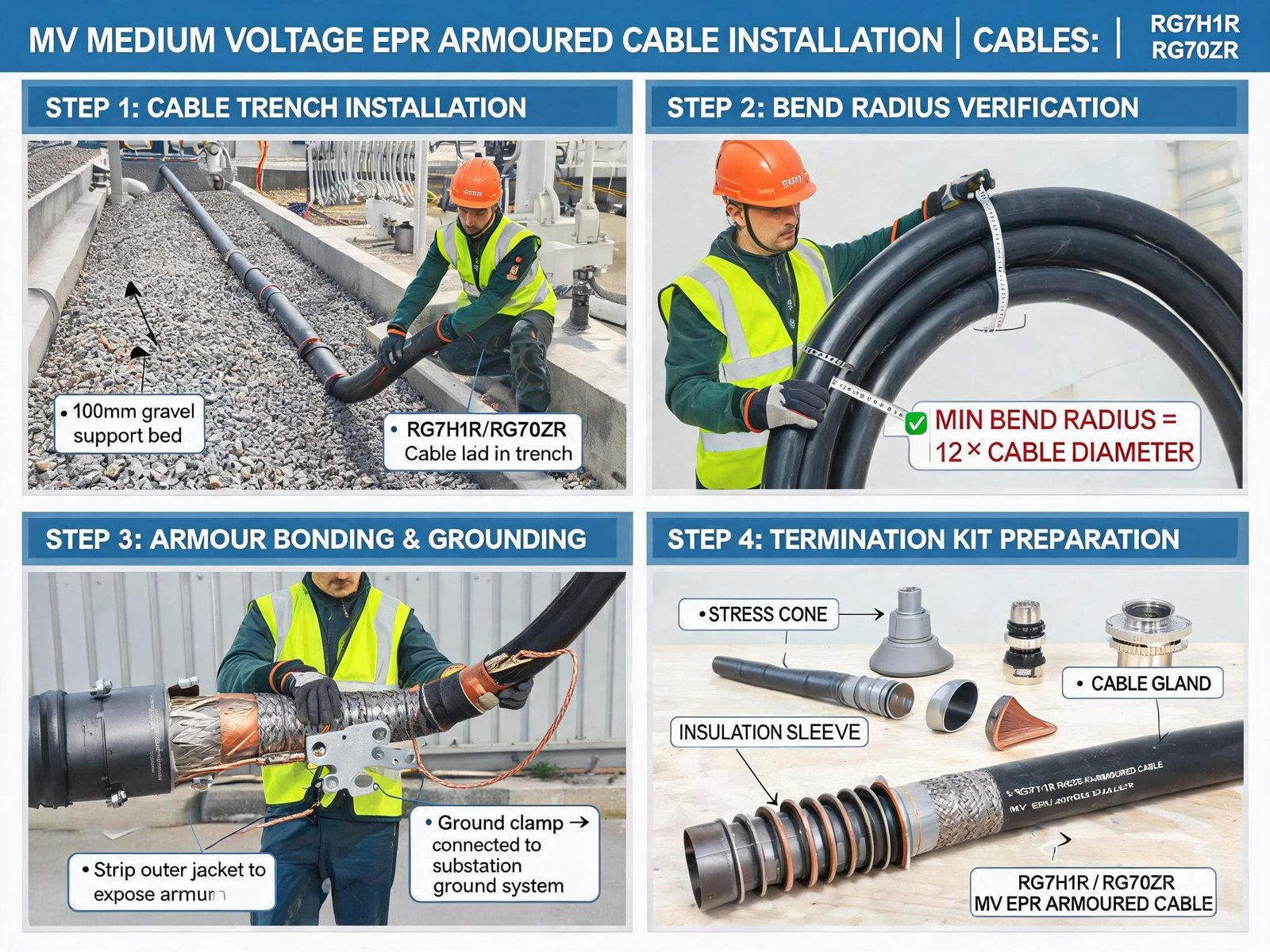 RG7H1R RG7OZR cable installation guide showing armour bonding grounding procedure and MV cable termination at substation