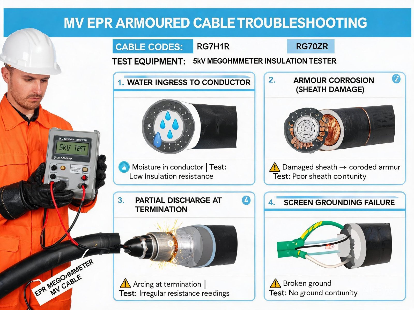 RG7H1R RG7OZR cable troubleshooting showing 5kV megohmmeter insulation testing and common MV cable failure diagnosis