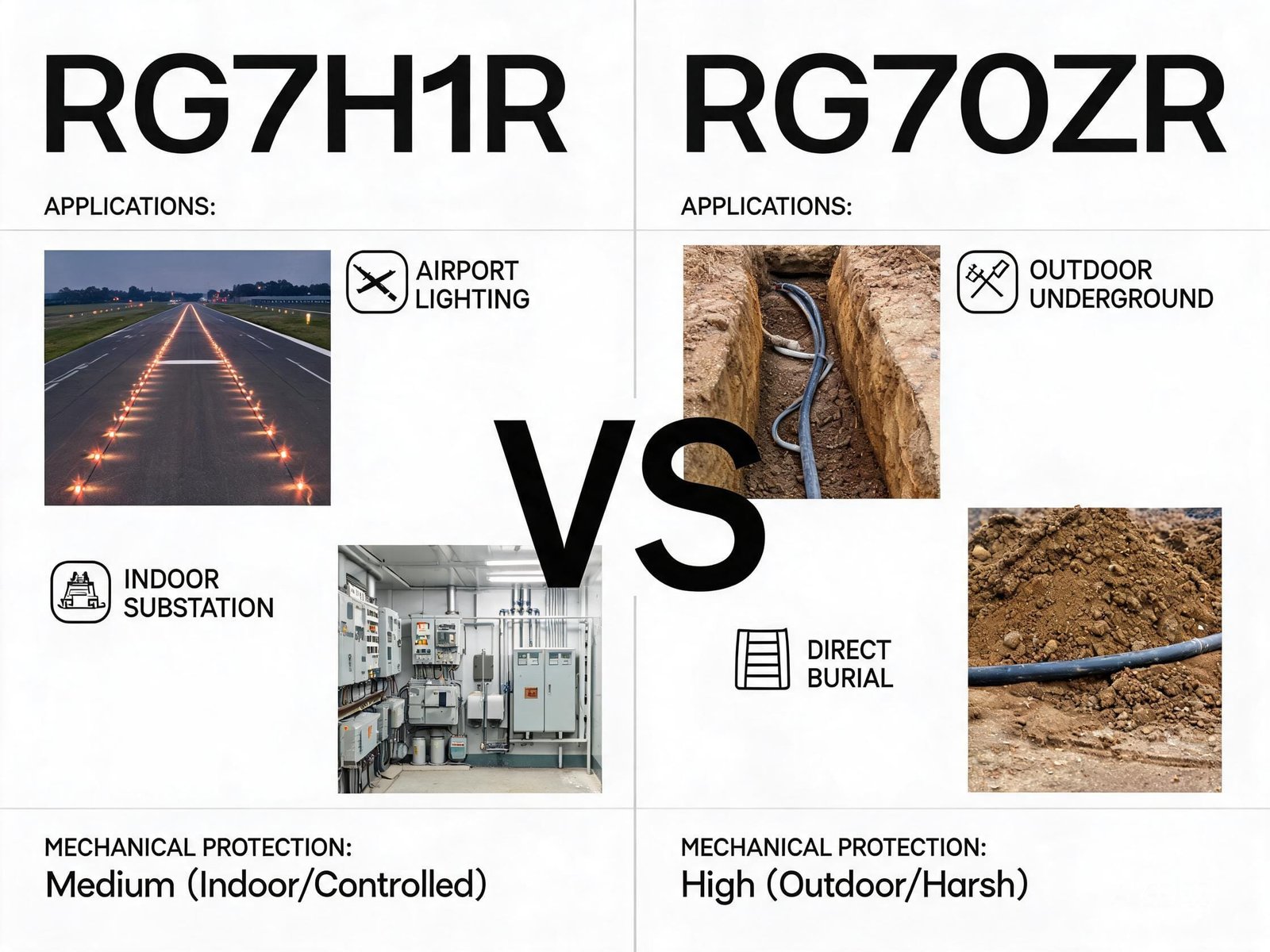 RG7H1R vs RG7OZR cable application comparison for airport lighting indoor substation vs outdoor underground direct burial