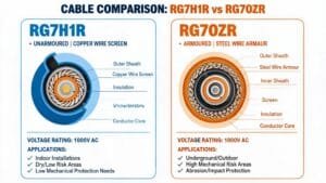 RG7H1R vs RG7OZR cable comparison showing unarmoured vs armoured construction differences for medium voltage applications