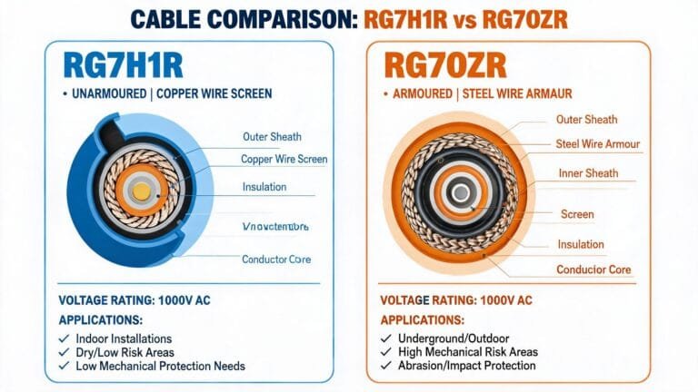 RG7H1R vs RG7OZR cable comparison showing unarmoured vs armoured construction differences for medium voltage applications