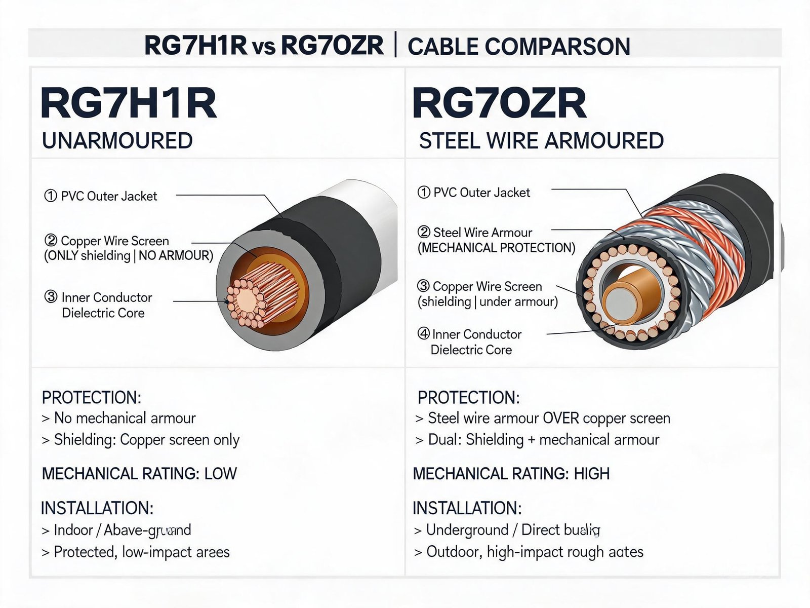 RG7H1R vs RG7OZR cable material comparison showing unarmoured vs armoured construction with steel wire armour protection level