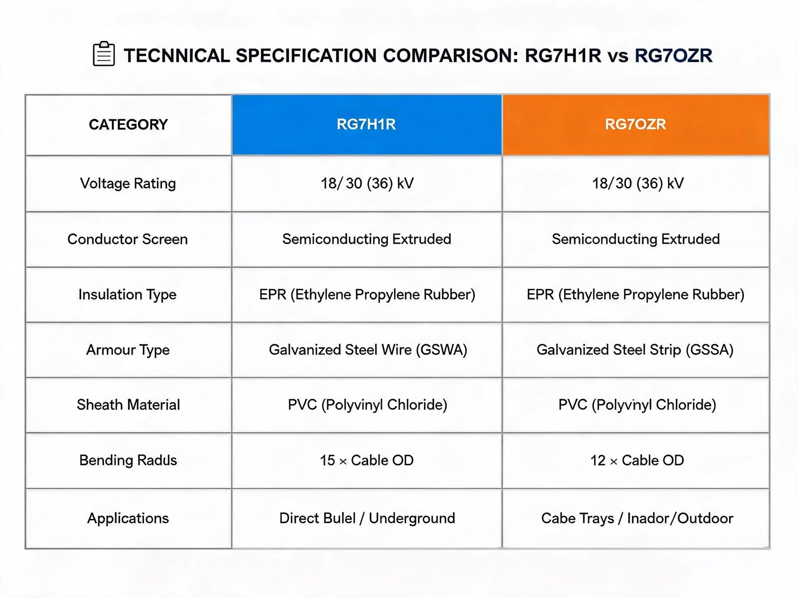 RG7H1R vs RG7OZR technical specification comparison table showing voltage armour type bending radius and application differences
