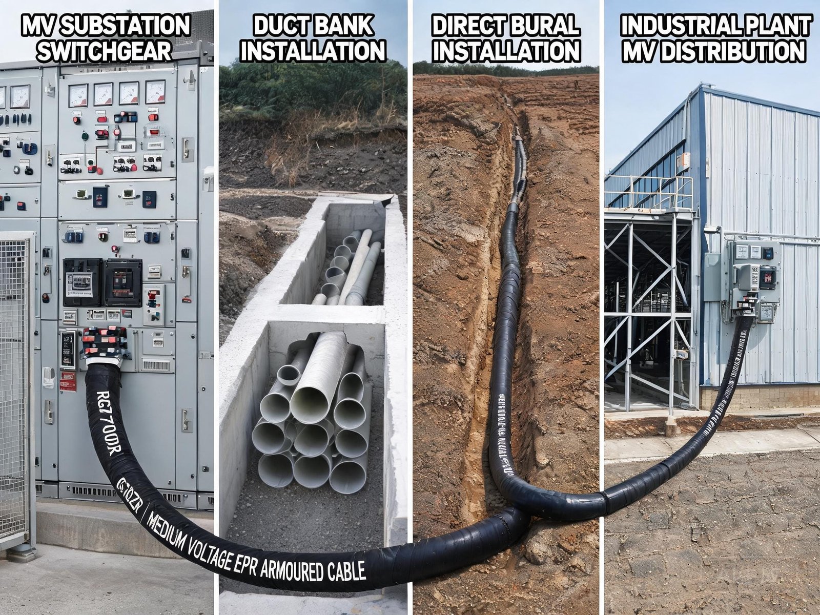 RG7OZR armoured MV cable industrial plant power distribution showing underground duct bank and direct burial installation from substation