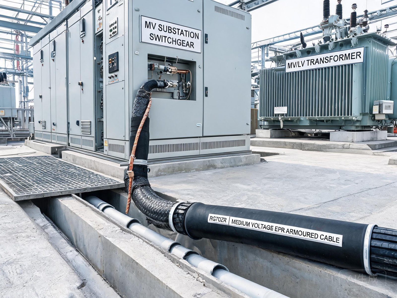 RG7OZR armoured MV cable in substation and industrial power distribution showing cable termination and underground duct installation