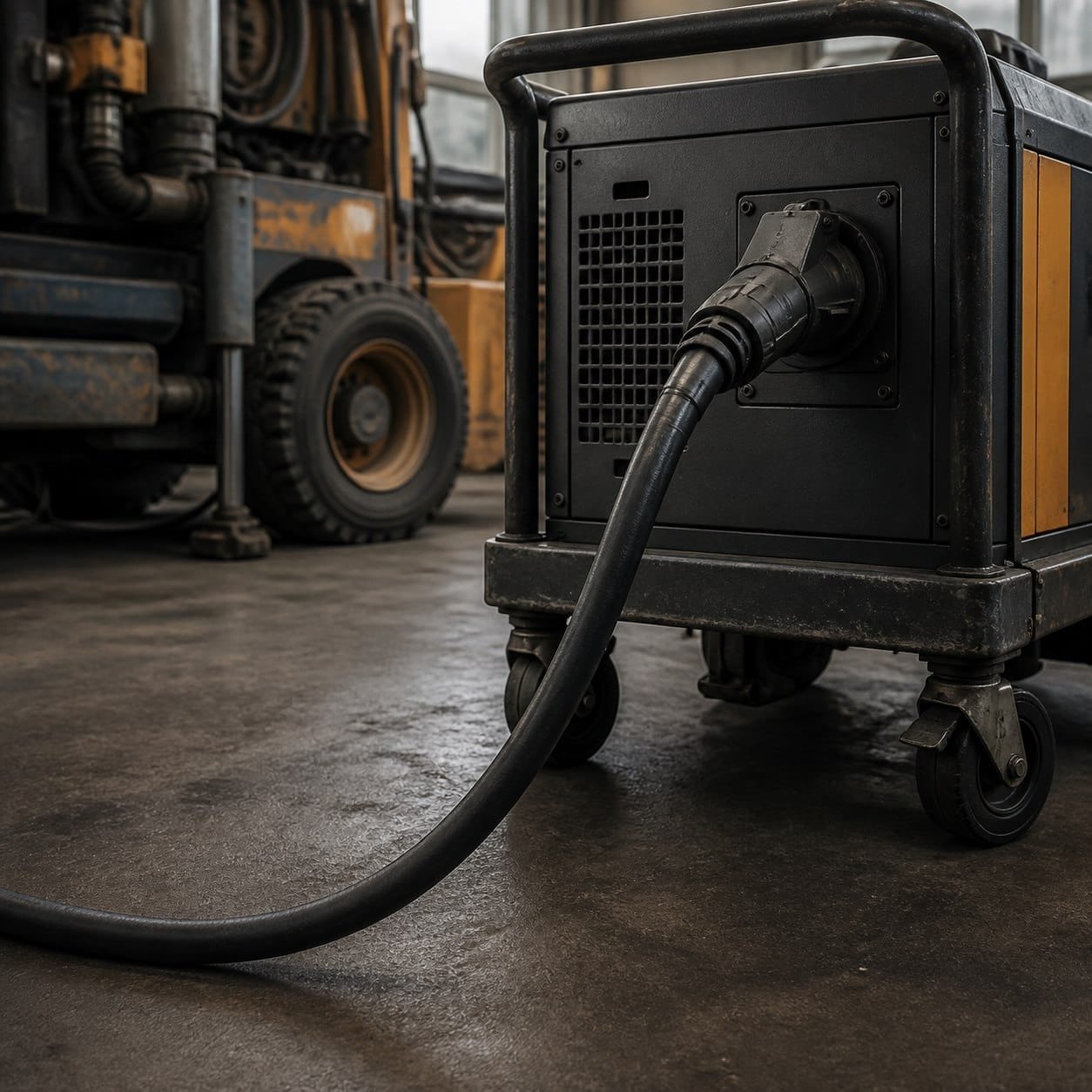 Rubber flexible power cable connected to mobile industrial equipment in a workshop