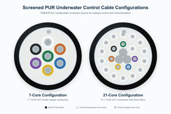Seven-Core and Twenty-One-Core PUR Cable Configurations Seven-core and twenty-one-core screened PUR underwater cable configurations