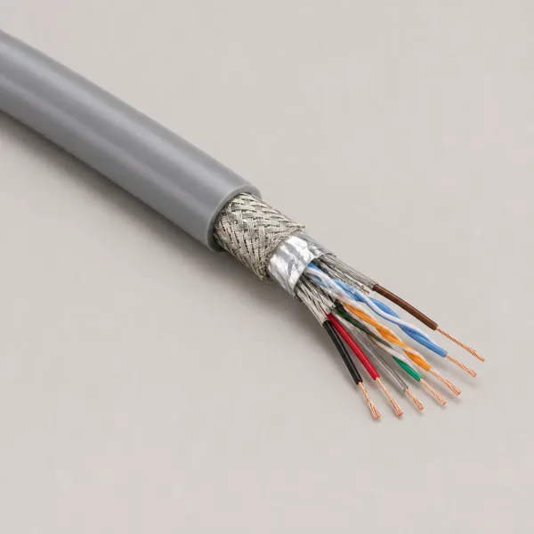 TEBAOFLEX Li9Y(C)C11Y 250V PUR Incremental Encoder & Servo Feedback Cable TEBAOFLEX Li9Y(C)C11Y 250V PUR incremental encoder feedback cable showing grey PUR outer sheath, overall tinned copper braid, aluminium-polyester foil screen, PP twisted signal pairs, and Class 6 bare copper supply cores