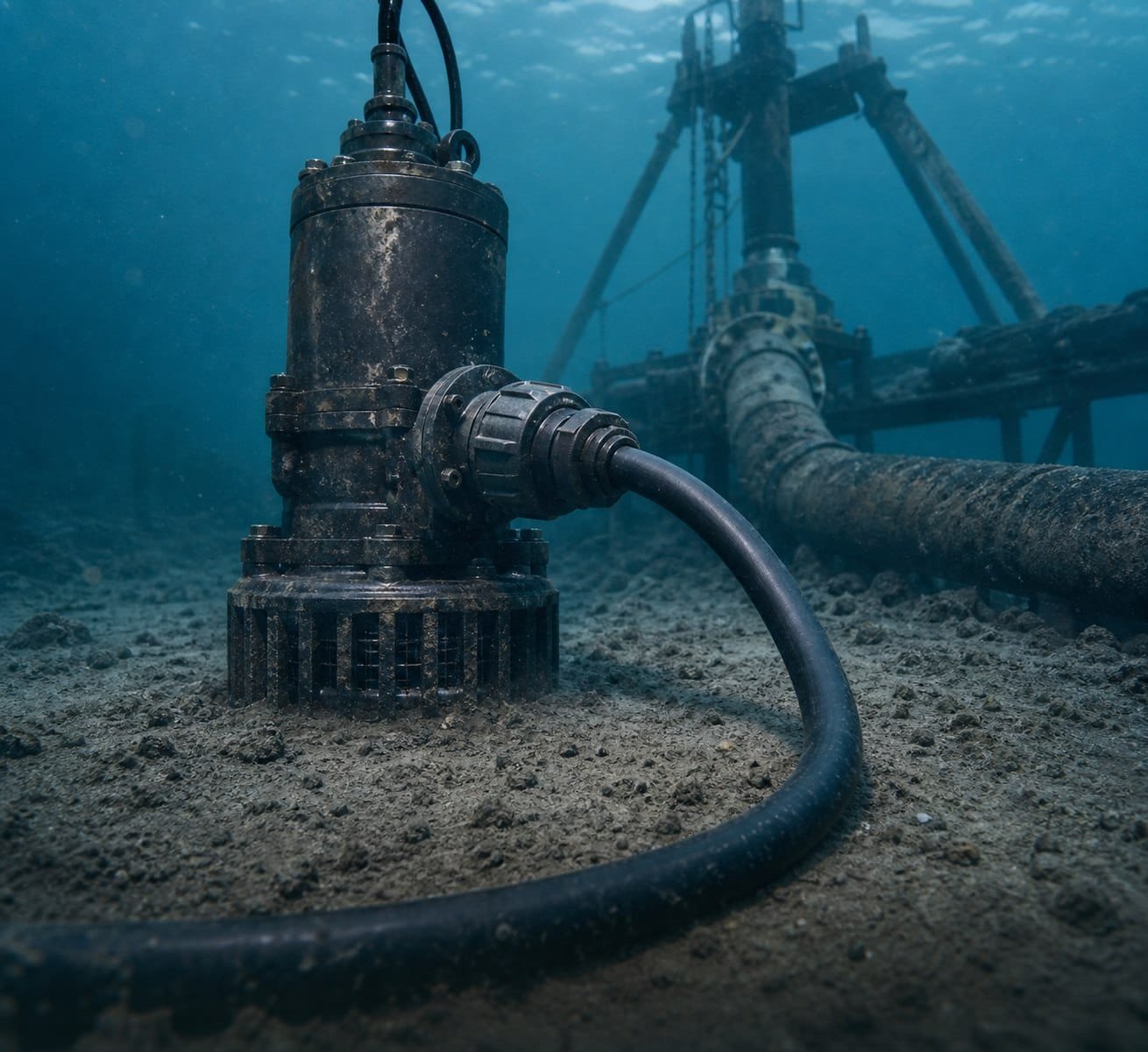 Heavy-duty submersible cable connected to an underwater pump on the seabed