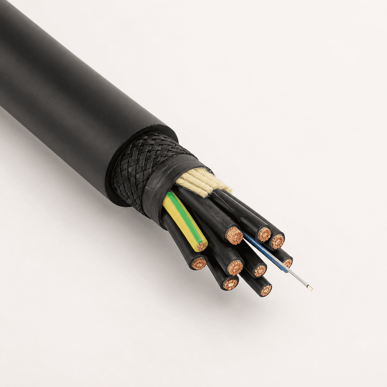 Fibre optic spreader basket cable with power and control cores