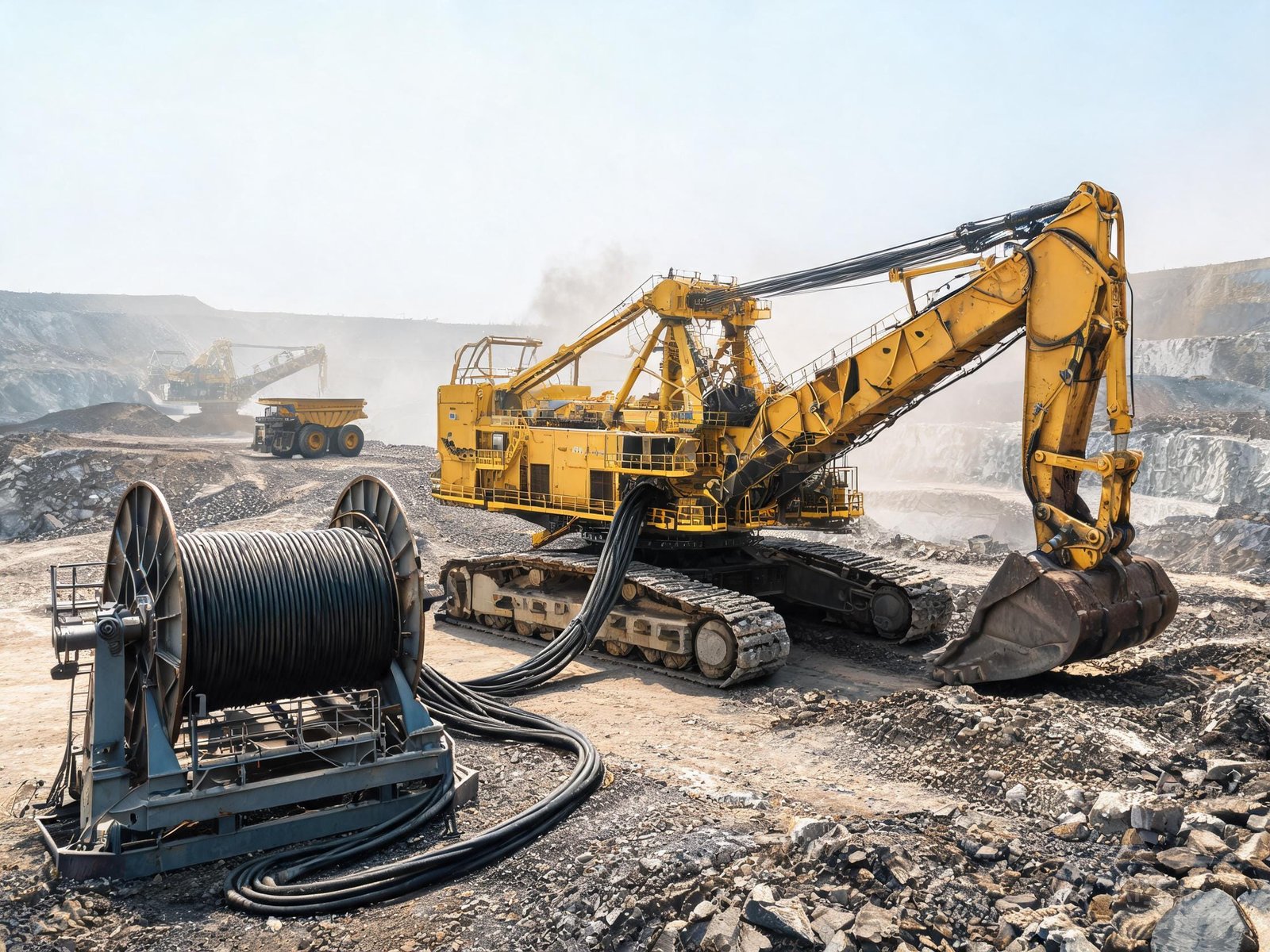 Type W cable mining excavator trailing power showing heavy-duty black rubber cable powering large mining equipment in open-pit mine