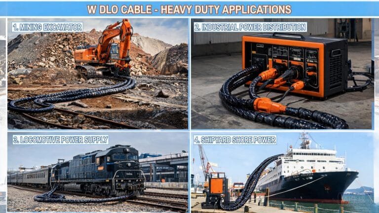 Type W DLO cable applications in mining excavator power industrial distribution and locomotive power supply