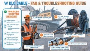 Type W DLO cable FAQ and troubleshooting guide showing mining technician inspecting portable cable connections and continuity testing