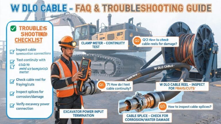 Type W DLO cable FAQ and troubleshooting guide showing mining technician inspecting portable cable connections and continuity testing