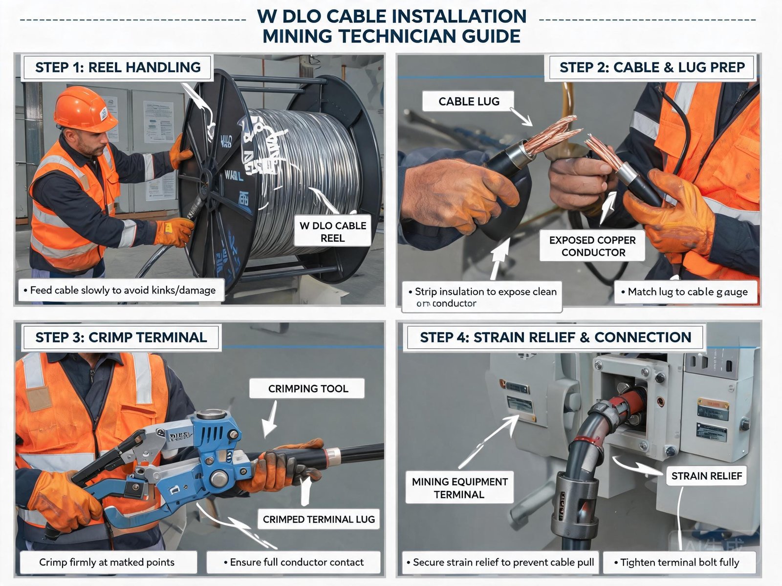 Type W DLO cable installation guide showing cable lug compression terminal and strain relief at mining equipment connection