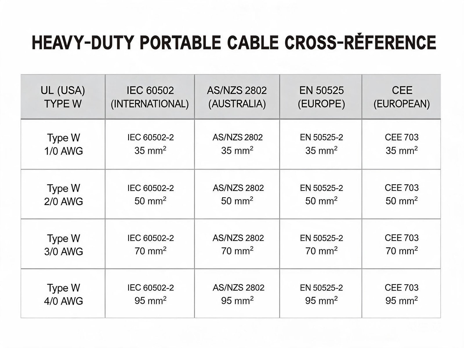 Type W DLO cable international cross-reference table for UL IEC AS NZS and EN heavy-duty portable cable standards