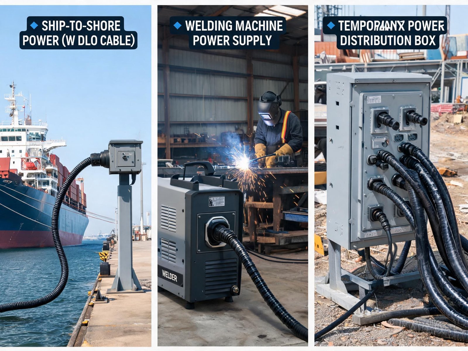 Type W DLO cable industrial shore power and welding applications showing portable cable for ship-to-shore power and welding machine supply