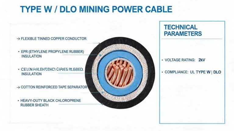 Type W DLO mining power cable specifications and technical datasheet showing construction cross-section with EPR insulation and chloroprene rubber sheath