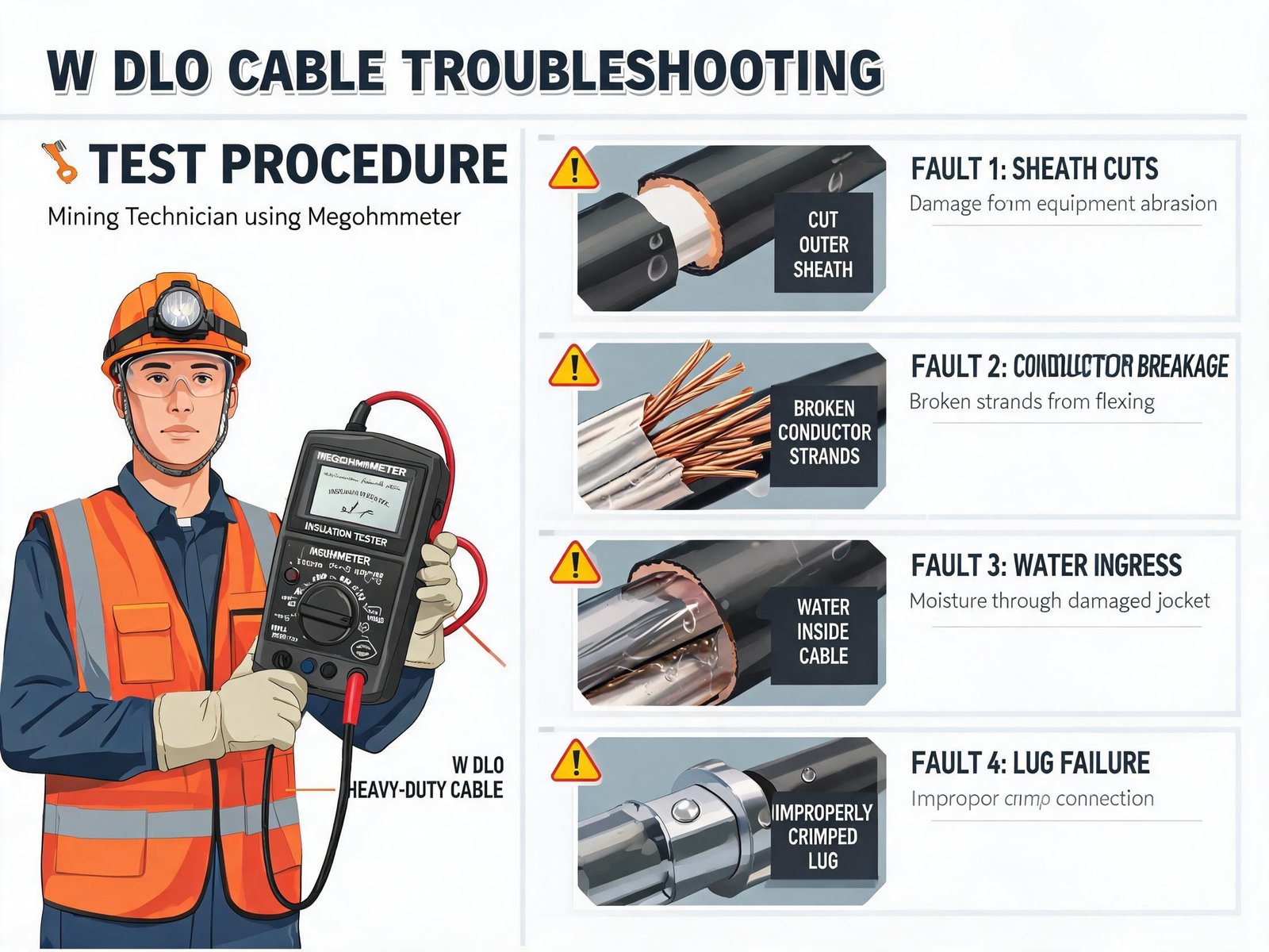 Type W DLO cable troubleshooting showing megohmmeter insulation testing and common mining cable failure diagnosis