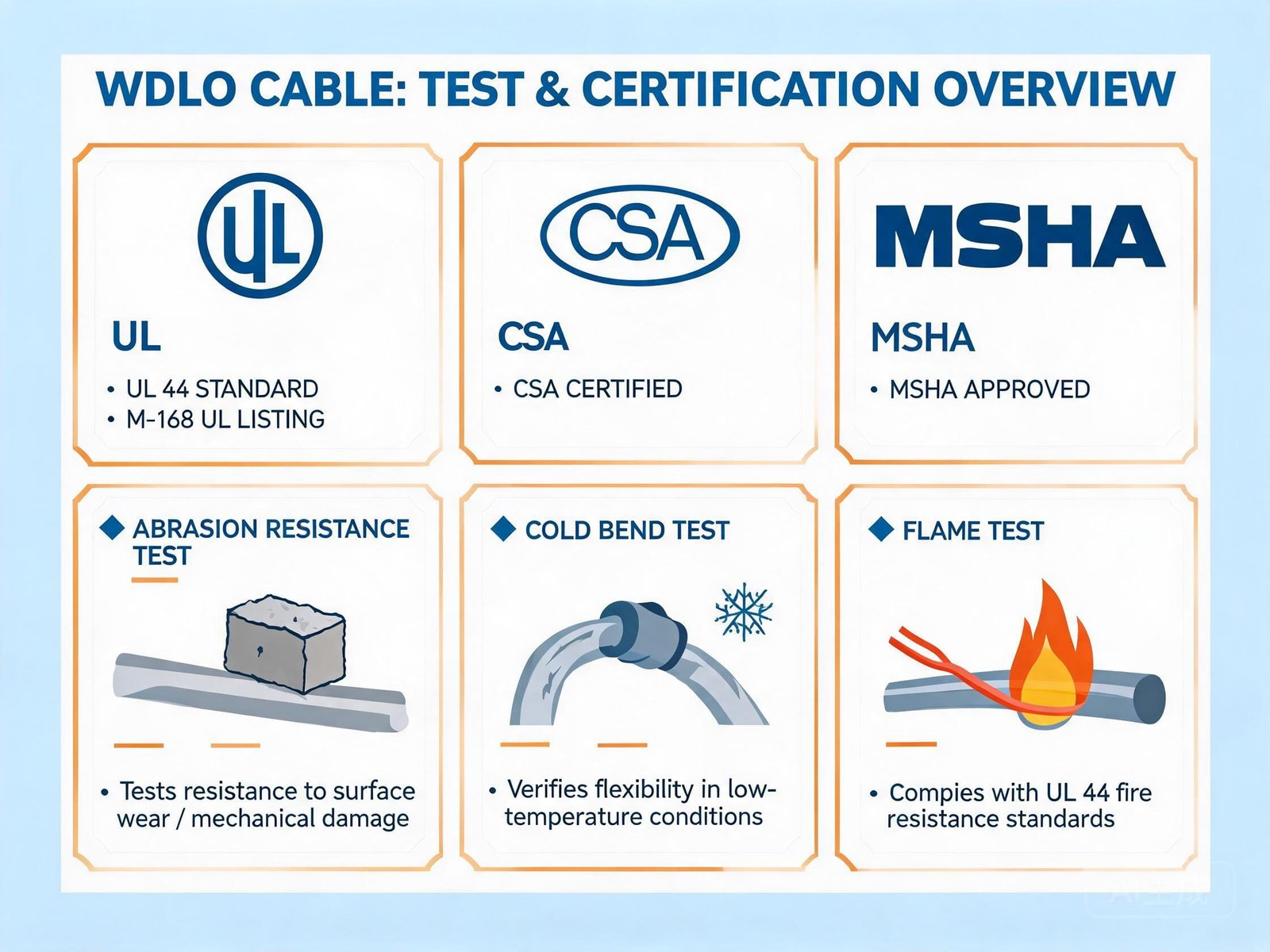 Type W DLO cable type test and certification overview showing UL 44 standard CSA and MSHA mining approval badges