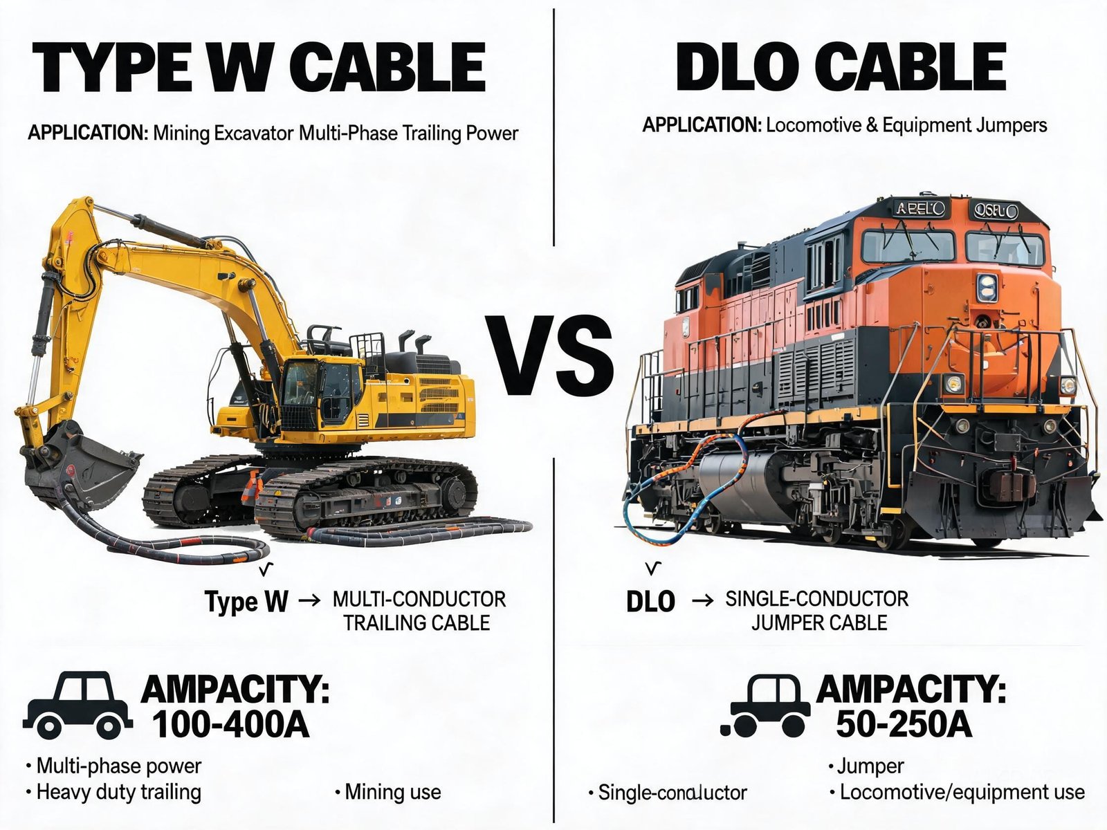Type W vs DLO cable application comparison for mining excavator trailing power and locomotive equipment jumpers