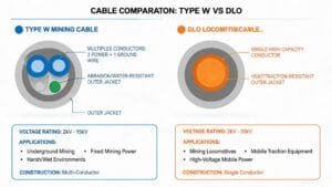 Type W vs DLO cable comparison showing multi-conductor mining cable vs single conductor locomotive cable construction differences