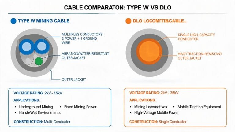 Type W vs DLO cable comparison showing multi-conductor mining cable vs single conductor locomotive cable construction differences