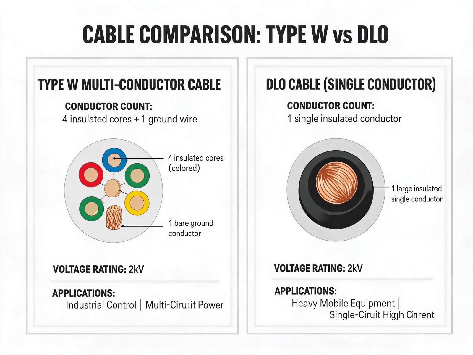Type W vs DLO cable material comparison showing multi-conductor mining cable vs single conductor locomotive cable