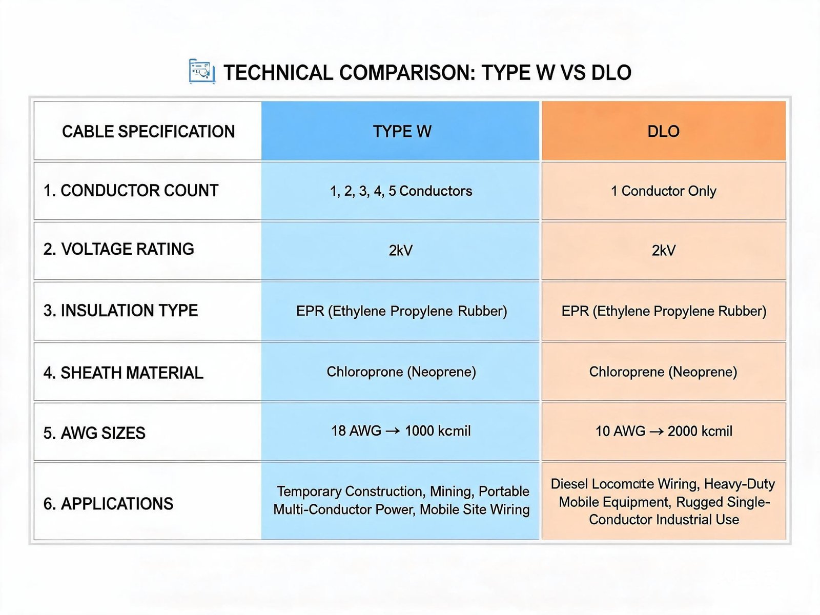 Type W vs DLO technical specification comparison table showing conductor count voltage rating and application differences