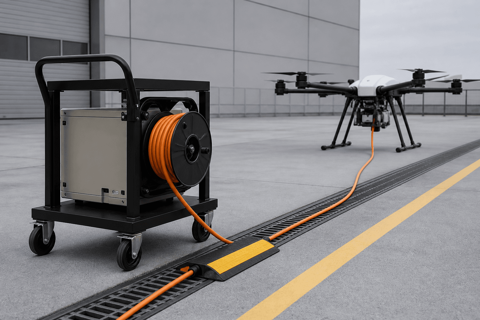 Mobile UAV ground support cart with neatly routed flexible power cable on a small reel