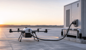 Commercial UAV beside an outdoor ground support charging station with a protected flexible charging cable