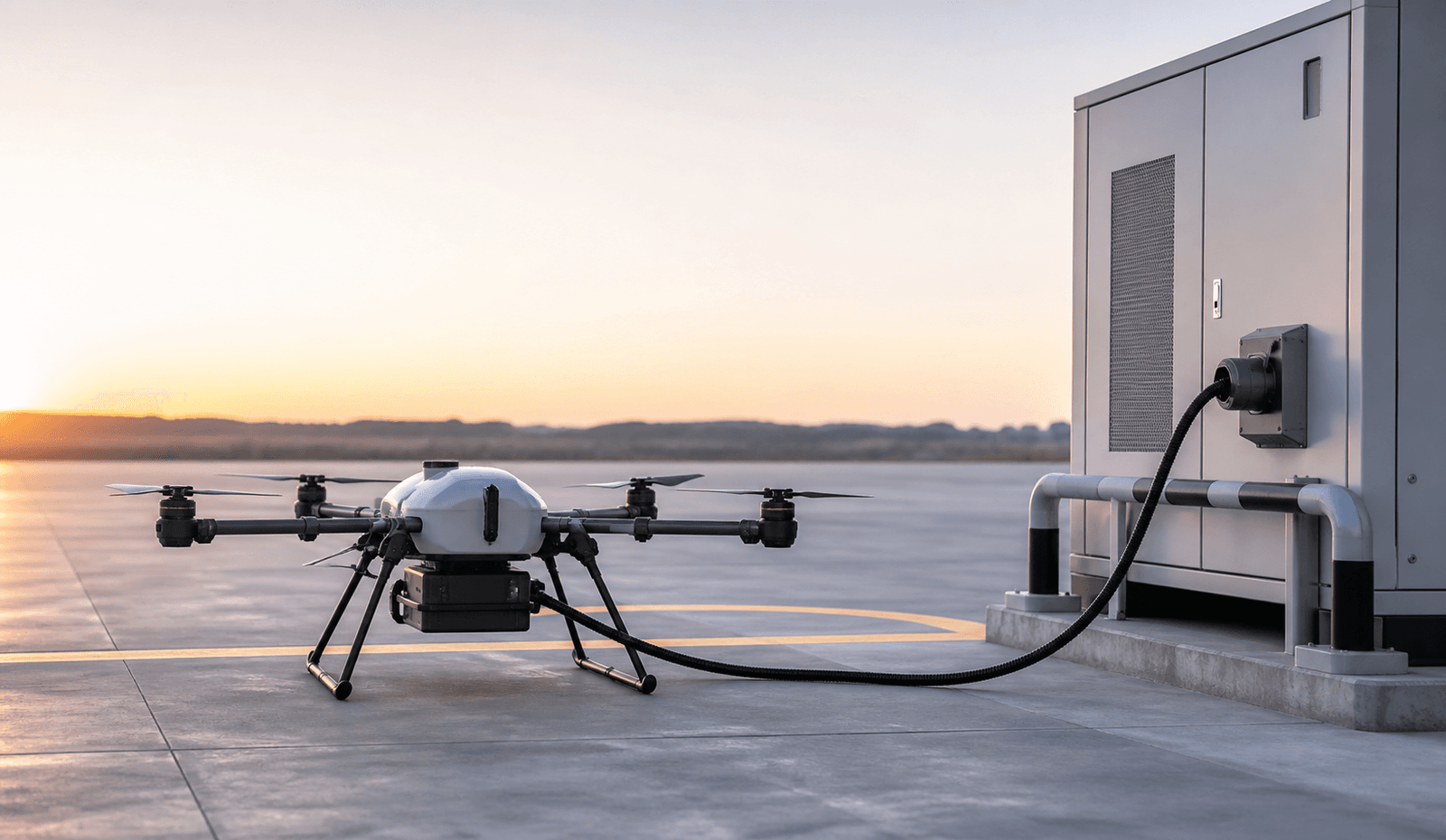 Commercial UAV beside an outdoor ground support charging station with a protected flexible charging cable