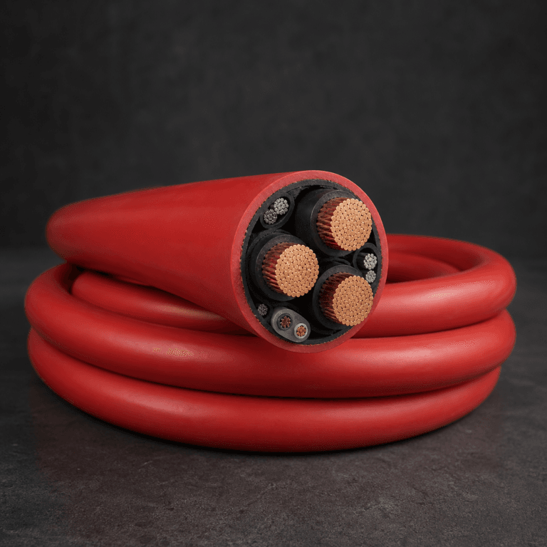 WG and WG-D medium voltage rubber reeling cable with red outer sheath and copper conductors