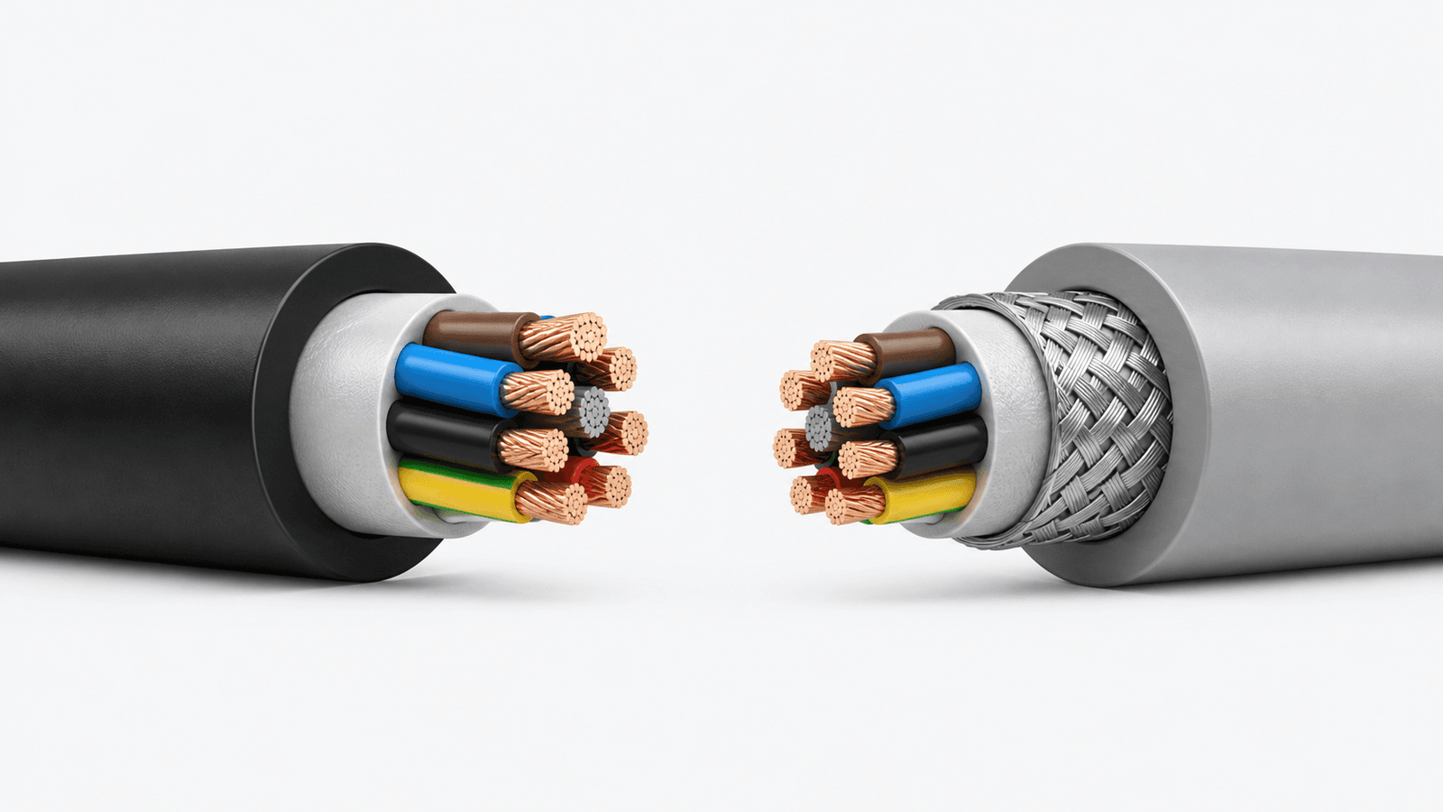 Cable cross-section comparison showing BUFLEX-M PUR cable construction versus standard control cable designs