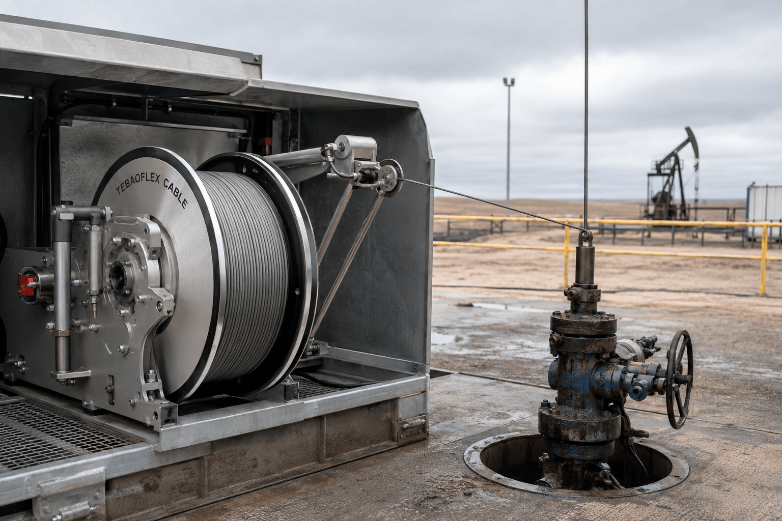 6.55 mm mono conductor wireline cable deployed from a logging winch to an oil and gas wellhead